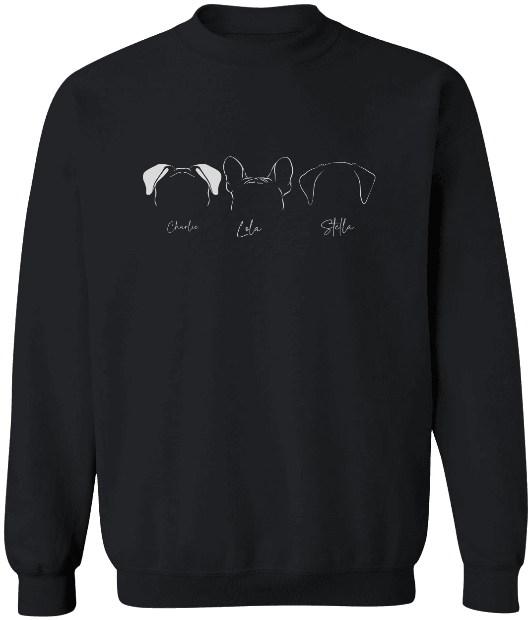 Black custom dog sweatshirt with four pet names and ear illustrations, personalized gift for dog moms and dads