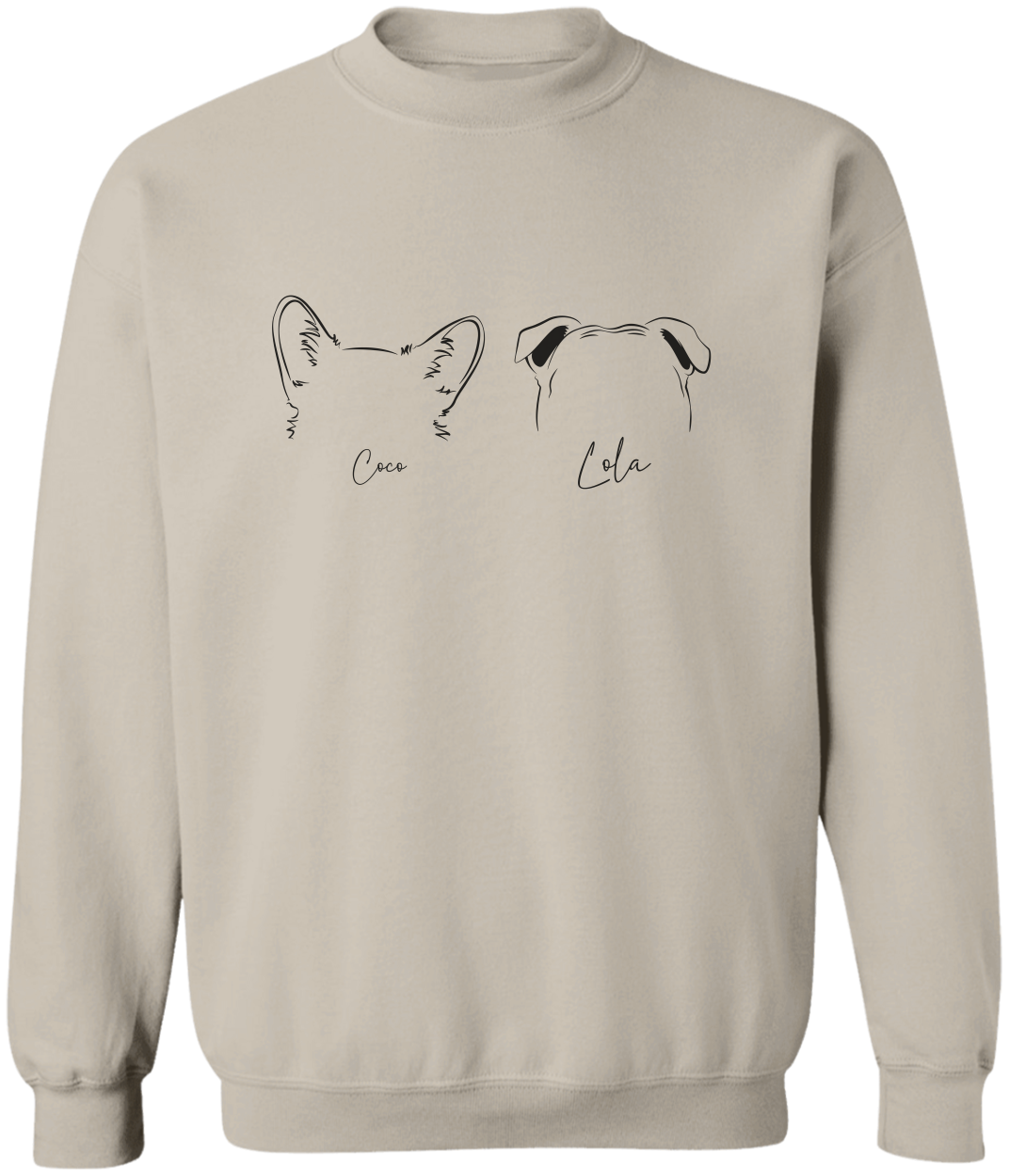 personalized sweatshirt featuring custom ear outlines and pet names.