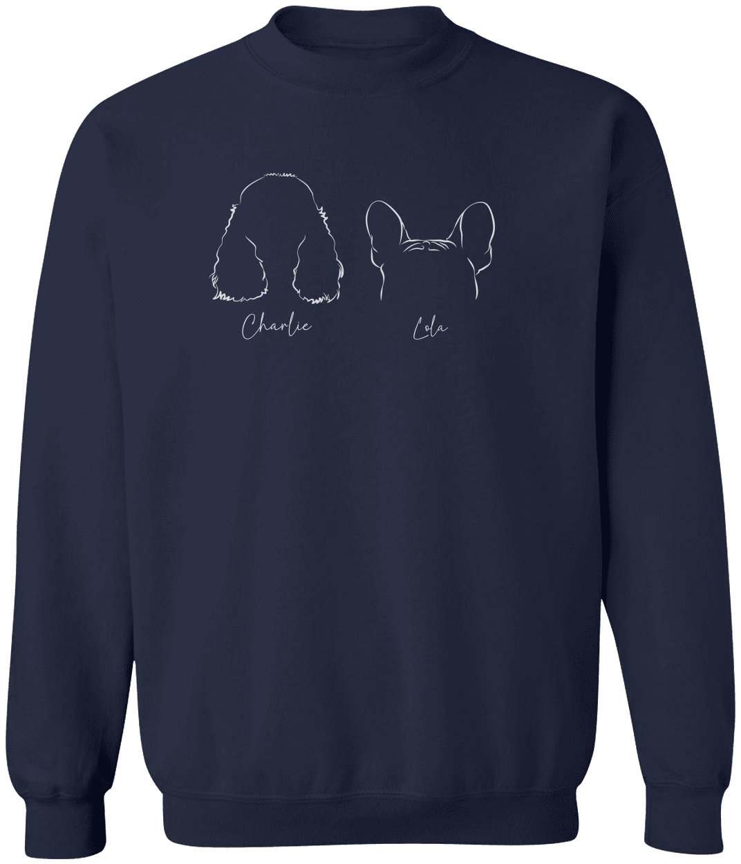 Custom navy sweatshirt with three dog ear outline designs and names “Charlie, Lola, Stella,” folded flat with plant accents, perfect dog lover gift.