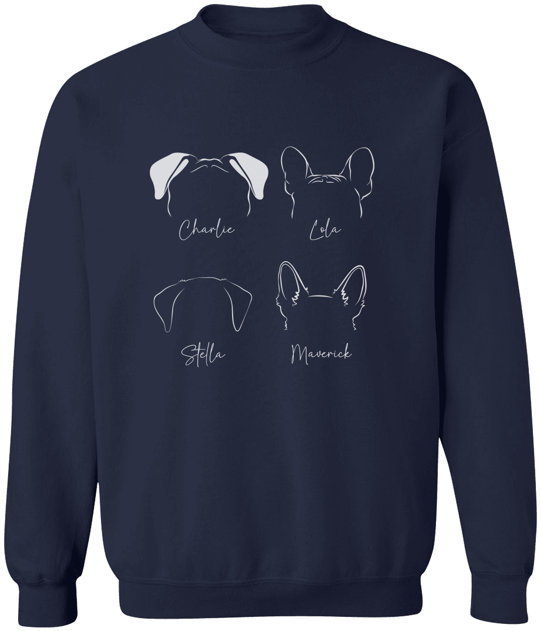 personalized sweatshirt featuring custom ear outlines and pet names.