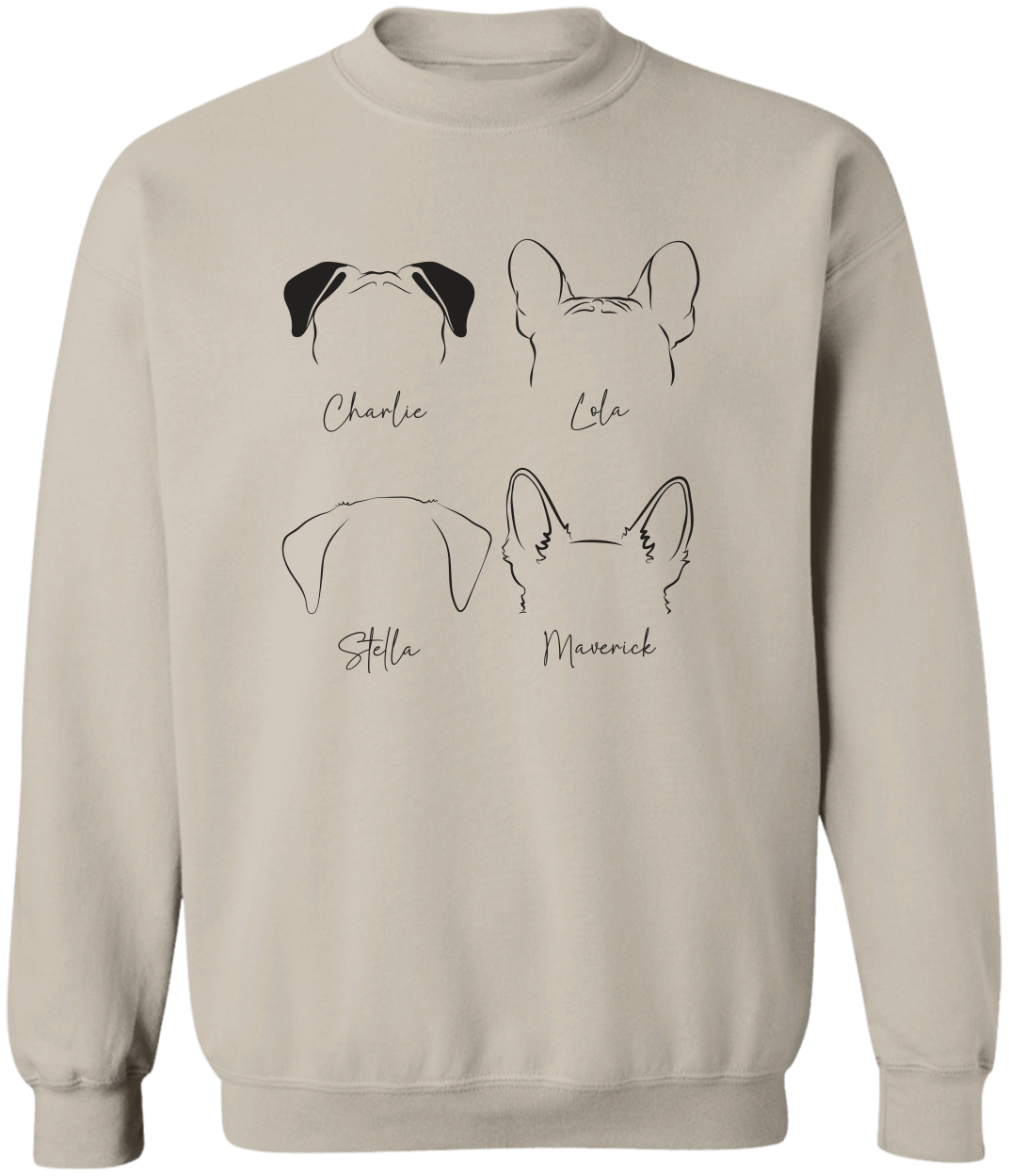 Personalized sand-colored dog sweatshirt featuring custom ear outlines and pet names