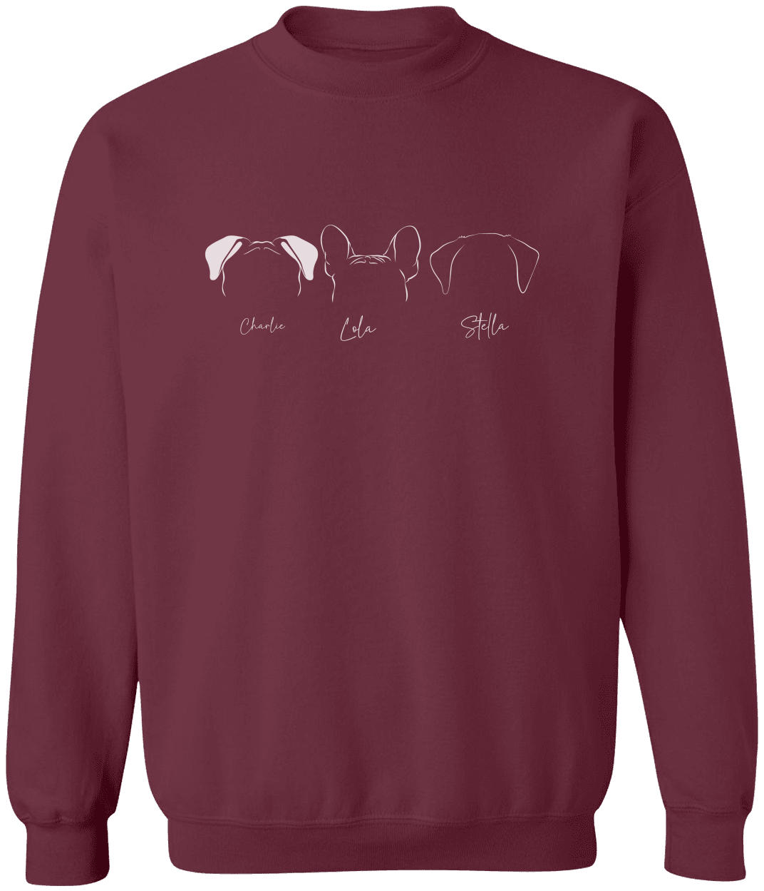 Maroon personalized sweatshirt with French Bulldog ear outline and name “Charlie,” flat lay with jeans and plant styling, custom pet lover apparel.
