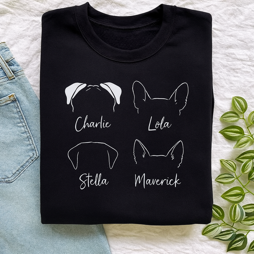 Black custom dog sweatshirt with four pet names and ear illustrations, personalized gift for dog moms and dads, styled with jeans and greenery.