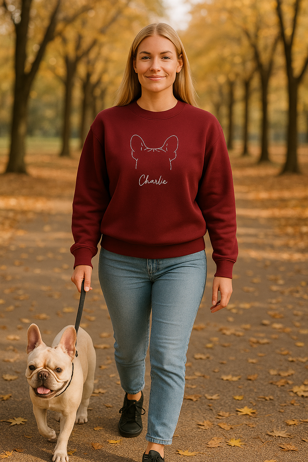 Woman walking a dog in an autumn park wearing a maroon sweatshirt with a dog design.