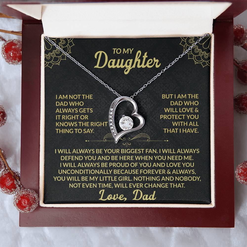 Silver heart-shaped necklace gift from dad to daughter, shown in red gift box with heartfelt message card and holiday snow backdrop