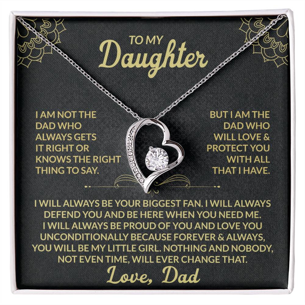 Detailed product shot of silver daughter necklace from dad with message card, displayed in red luxury box for sentimental gift-giving