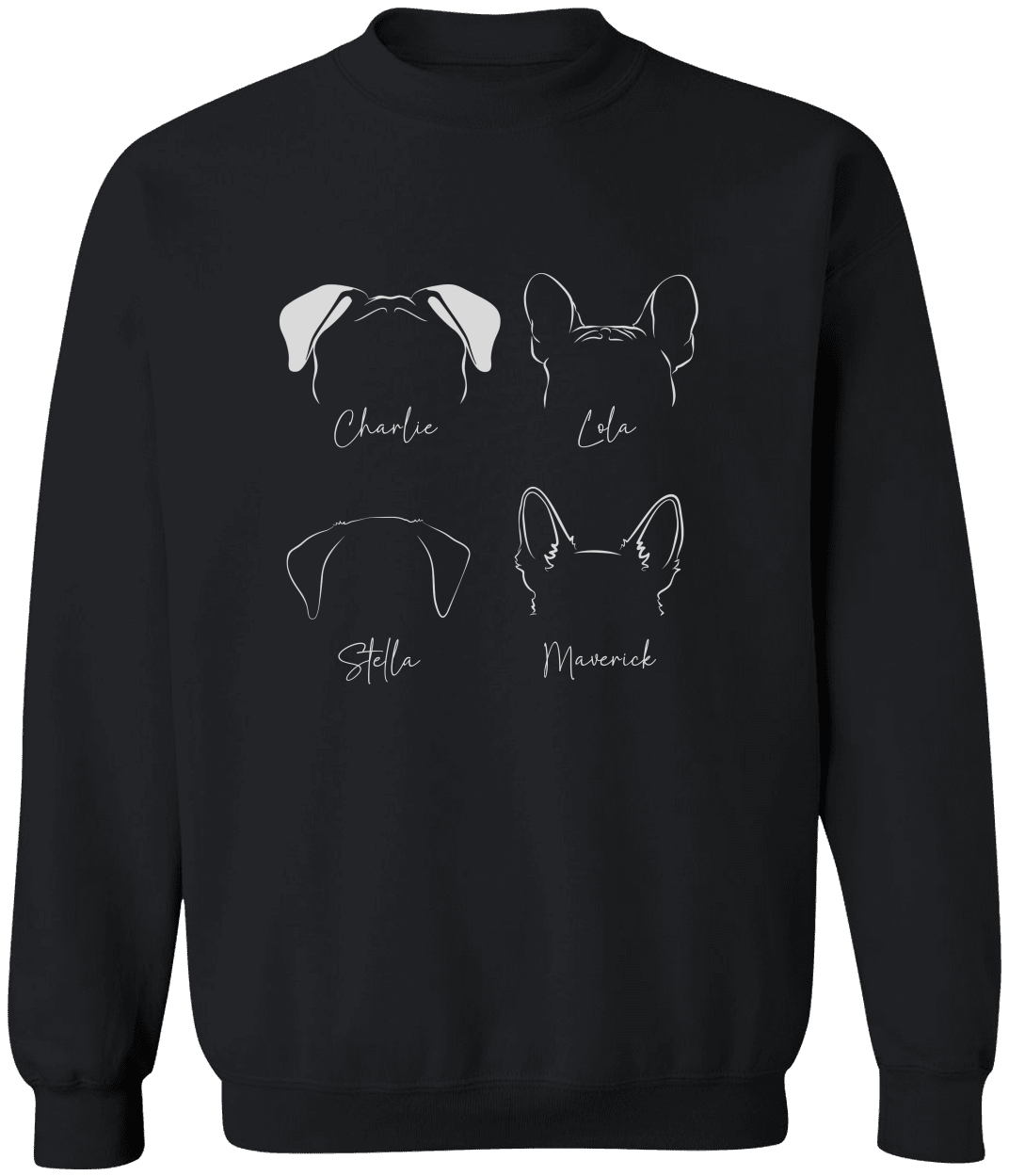 Black custom dog sweatshirt with four pet names and ear illustrations, personalized gift for dog moms and dads, styled with jeans and greenery
