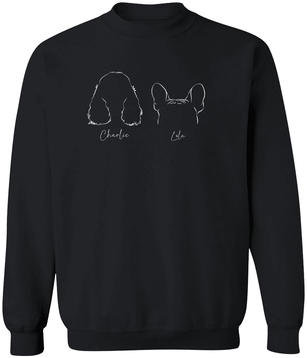 Black custom dog sweatshirt with four pet names and ear illustrations, personalized gift for dog moms and dads,