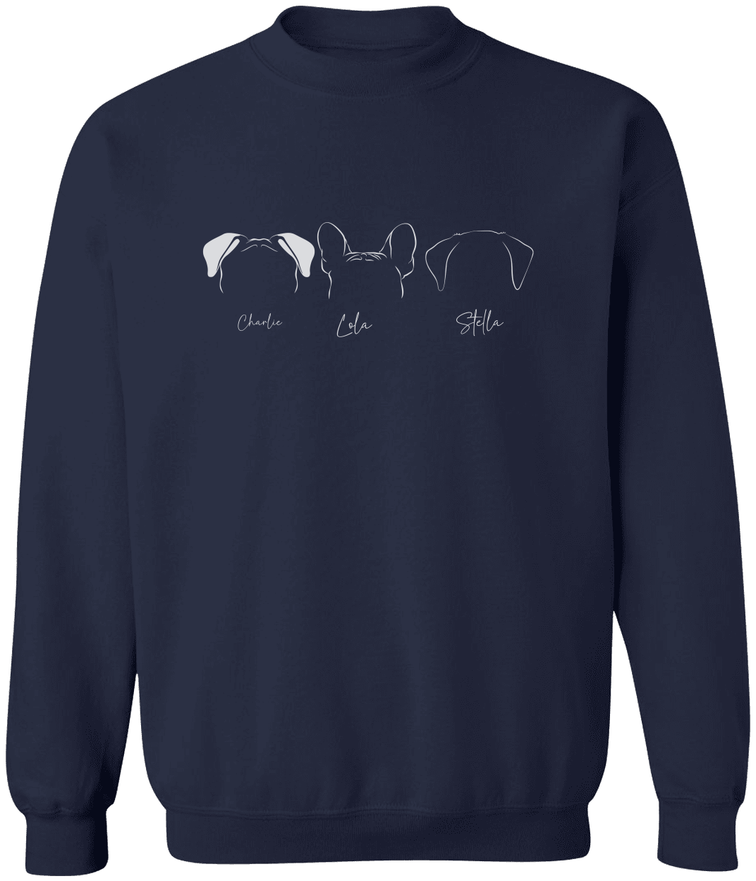 Navy blue sweatshirt with white dog ears illustrations and names on a white background
