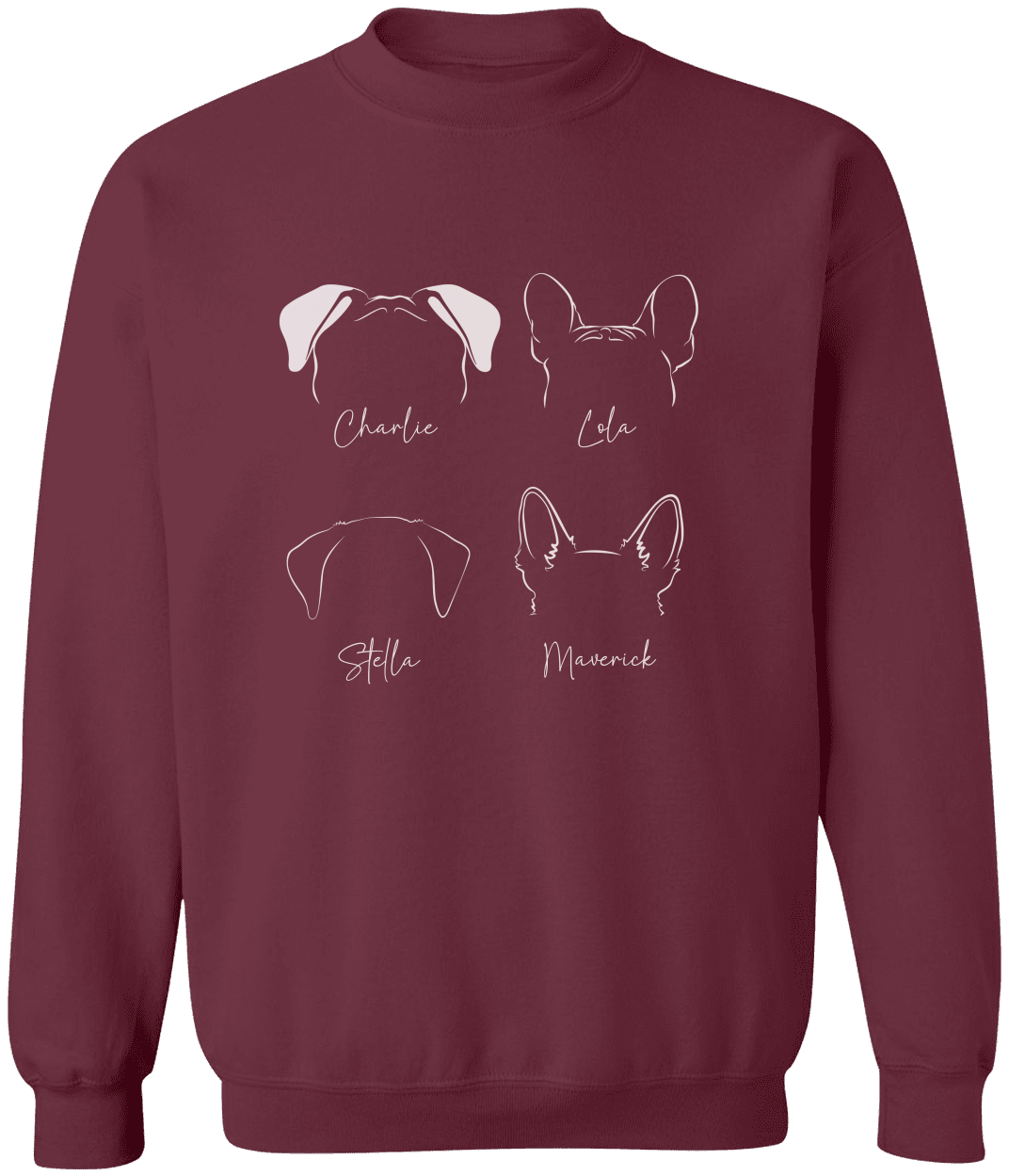 Maroon custom dog sweatshirt with four pet names and ear illustrations, personalized gift for dog moms and dads, styled with jeans and greenery