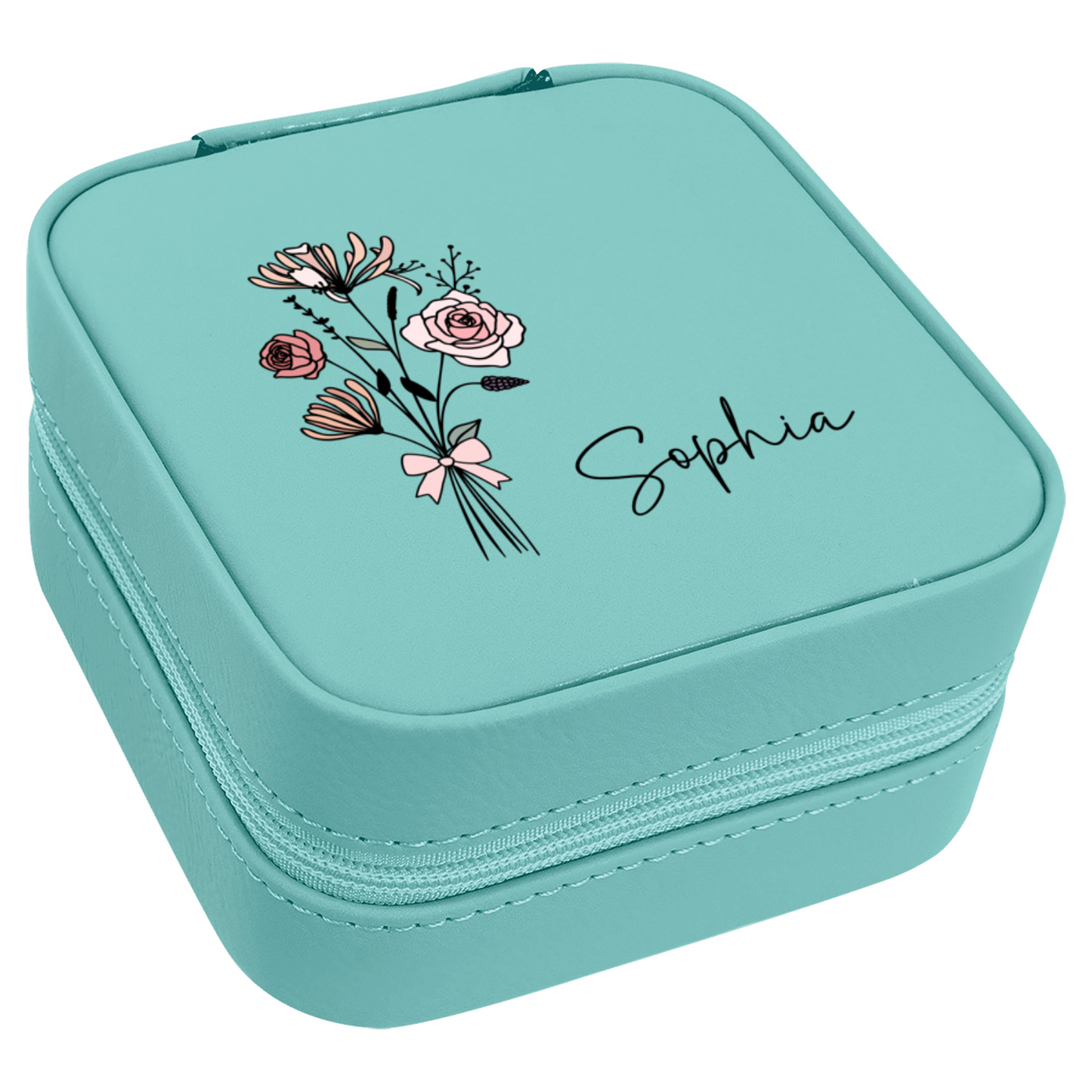 ✨ Personalized Birth Flower Travel Jewelry Box – Custom Name Gift