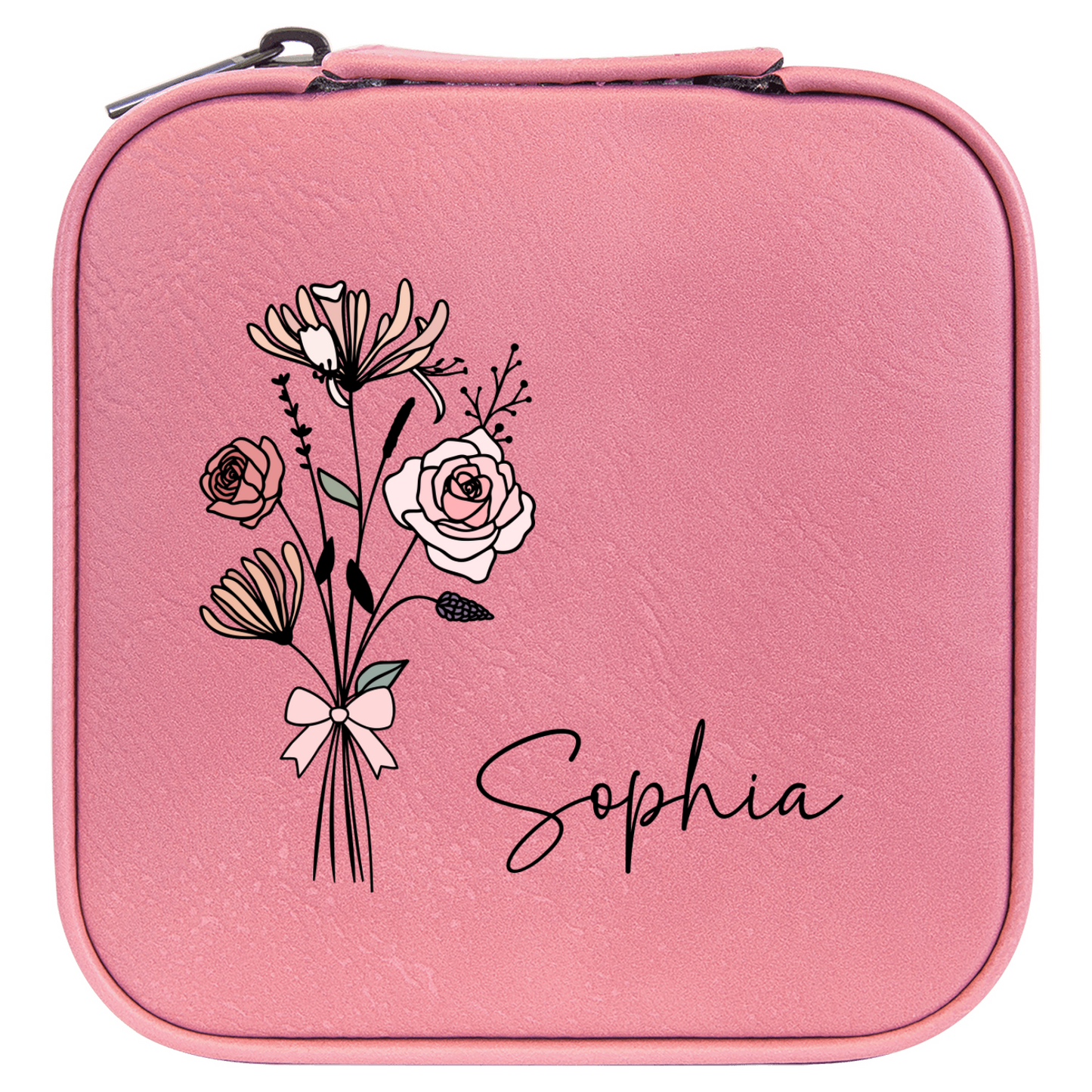 ✨ Personalized Birth Flower Travel Jewelry Box – Custom Name Gift