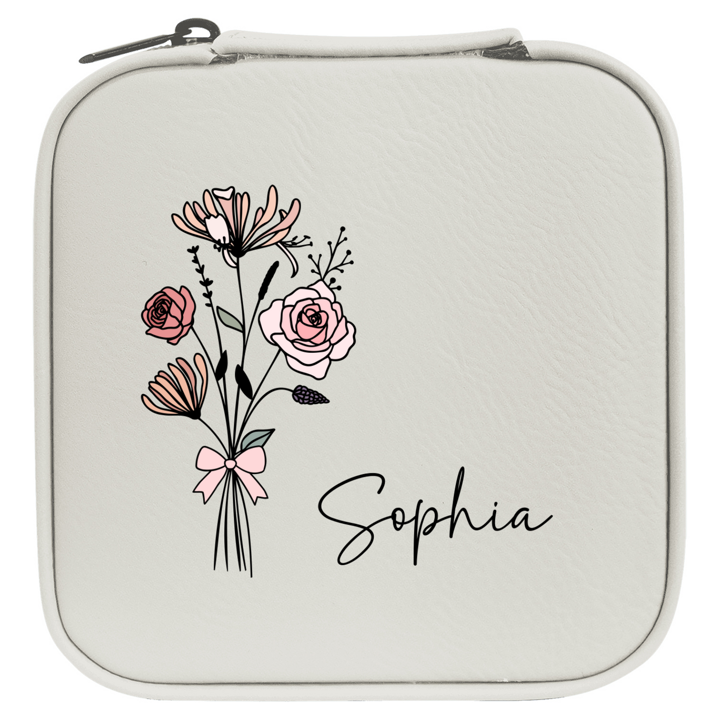 ✨ Personalized Birth Flower Travel Jewelry Box – Custom Name Gift