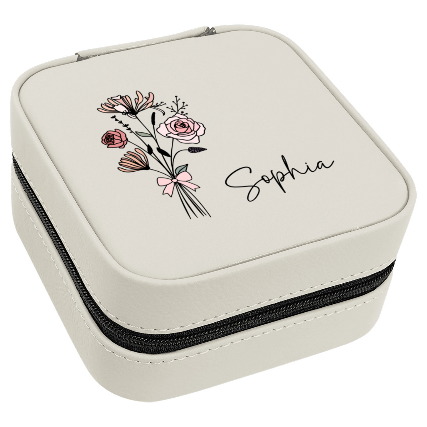 ✨ Personalized Birth Flower Travel Jewelry Box – Custom Name Gift