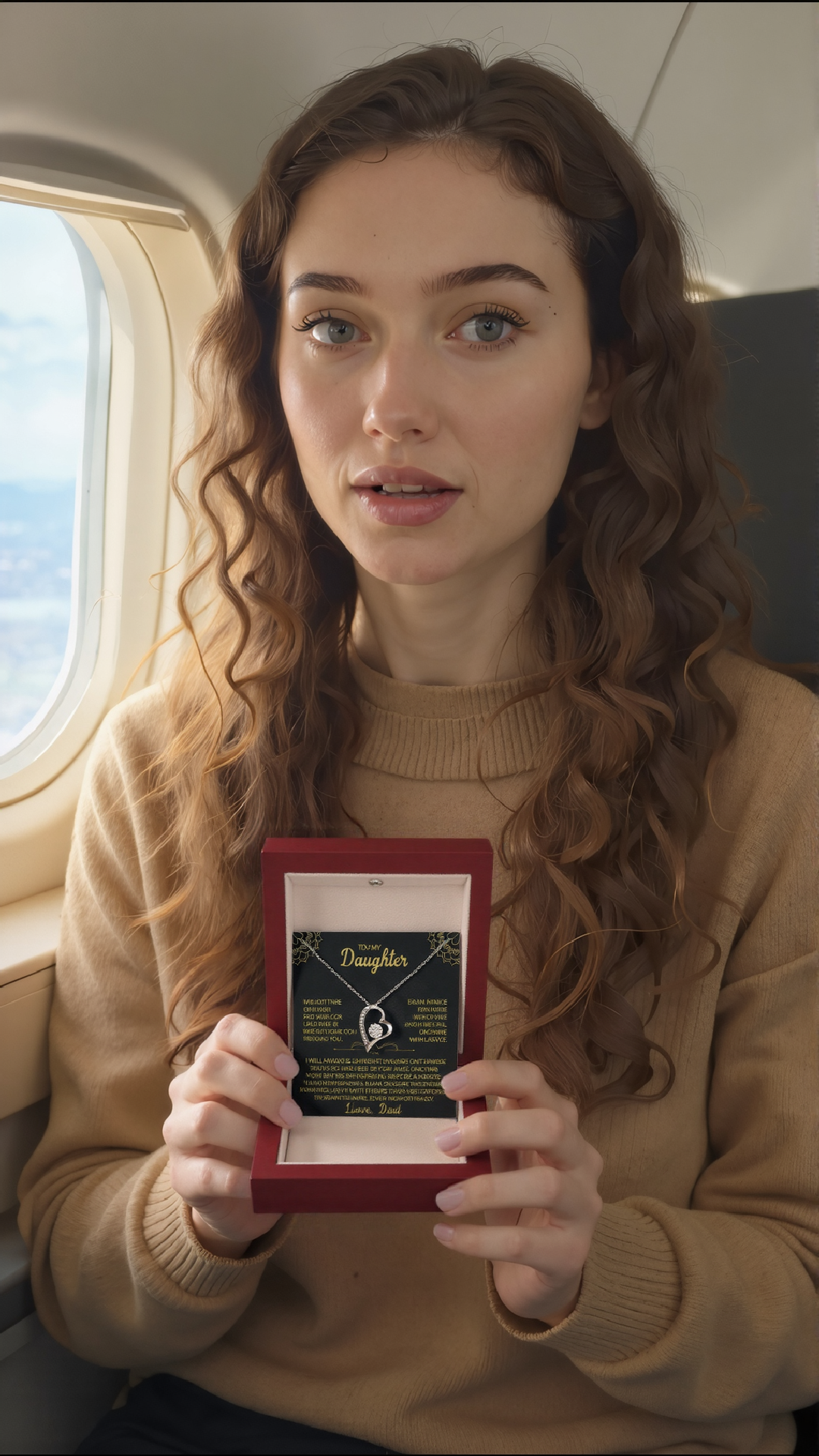 Young woman emotionally holding red gift box with necklace and heartfelt message from dad, seated on airplane before departure