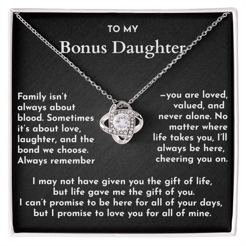 Necklace with a heart-shaped pendant on a card for a bonus daughter, featuring sentimental text.