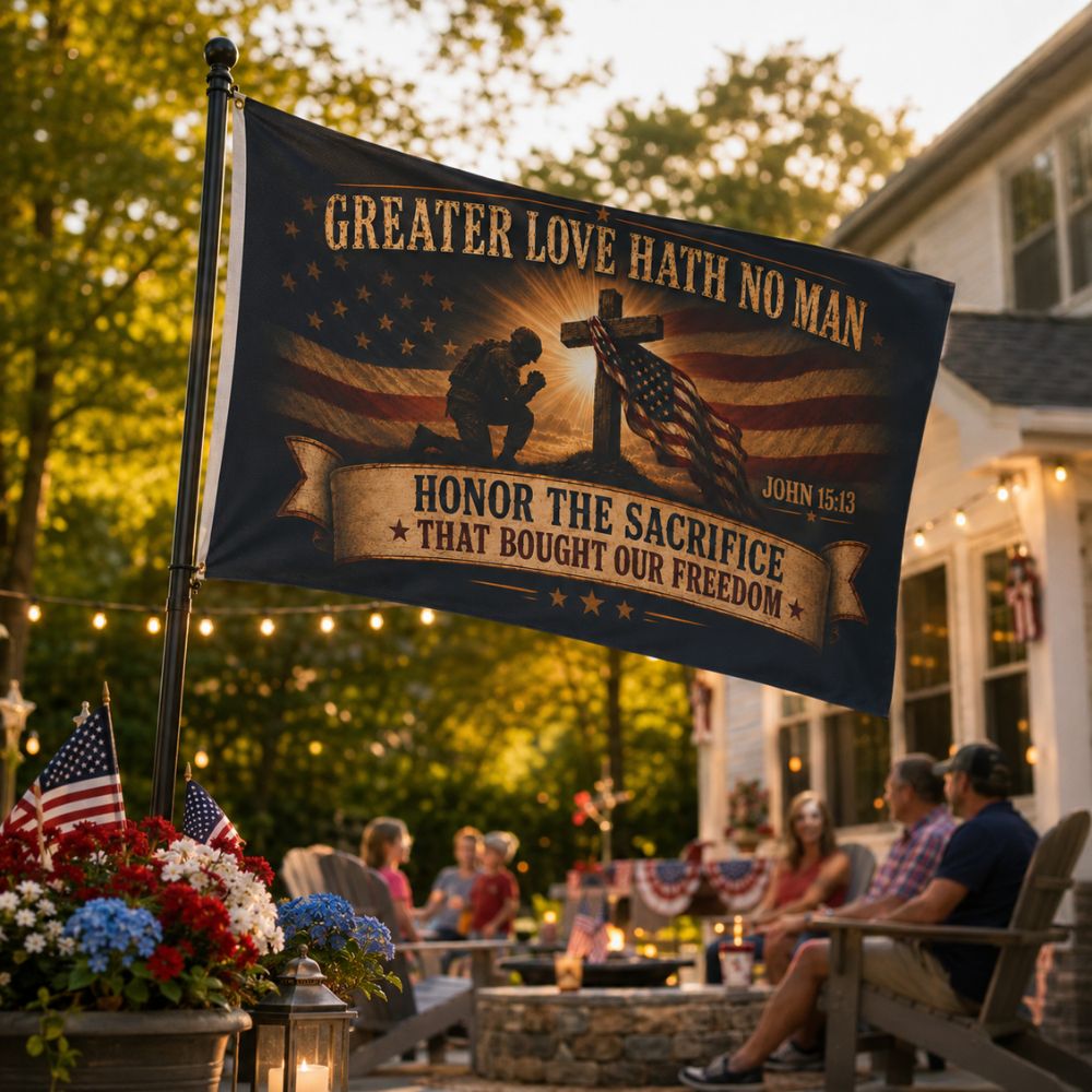 Christian patriotic flag displayed in Fourth of July backyard gathering with American decor