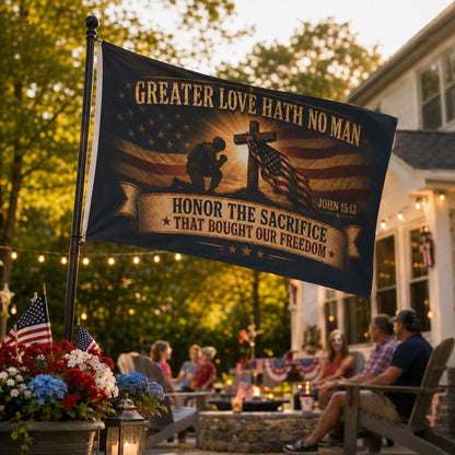 Christian patriotic flag displayed in Fourth of July backyard gathering with American decor