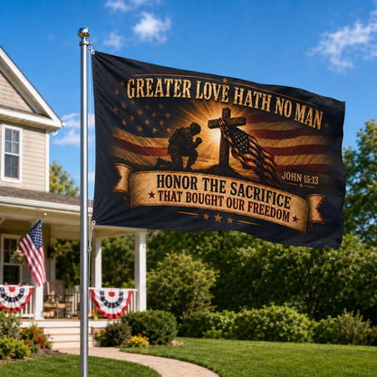 Christian patriotic veteran flag flying on front yard flag pole outside American home