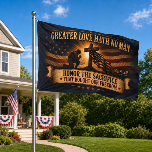 Christian patriotic veteran flag flying on front yard flag pole outside American home