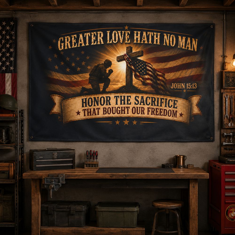 Honor the Sacrifice Christian veteran flag hanging in garage workshop wall display
