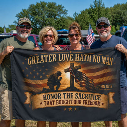 Group of patriotic adults holding Christian veteran memorial flag with John 15:13 design