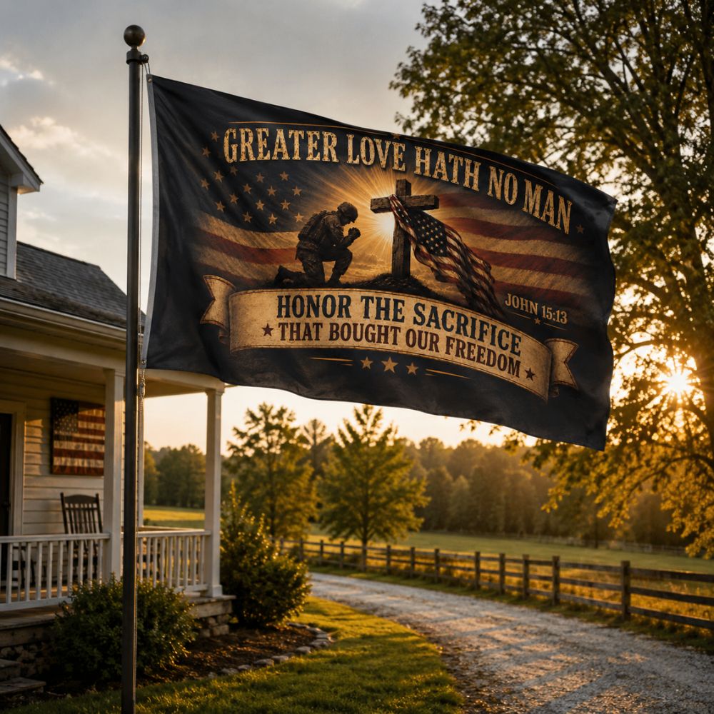 Greater Love Hath No Man Christian patriotic flag flying outside rural farmhouse at sunset