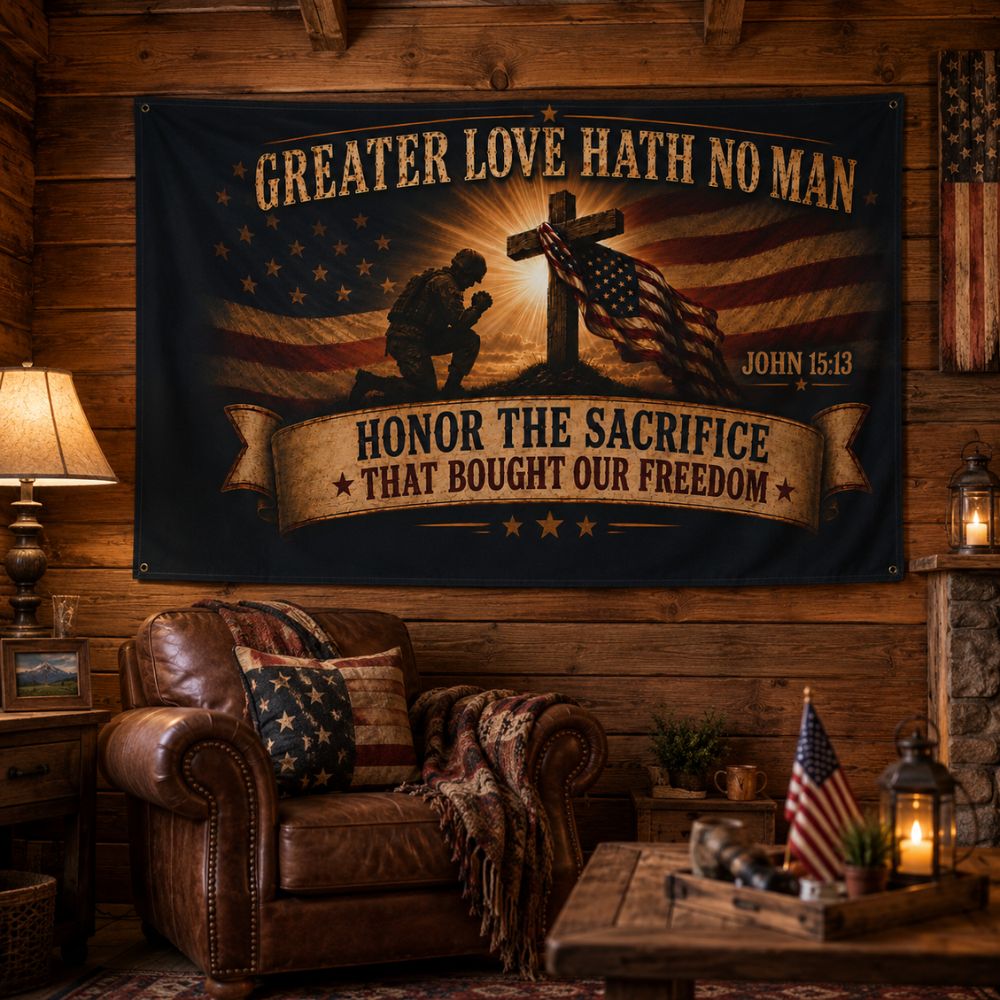 Greater Love Hath No Man Christian patriotic veteran flag hanging in rustic cabin with American decor