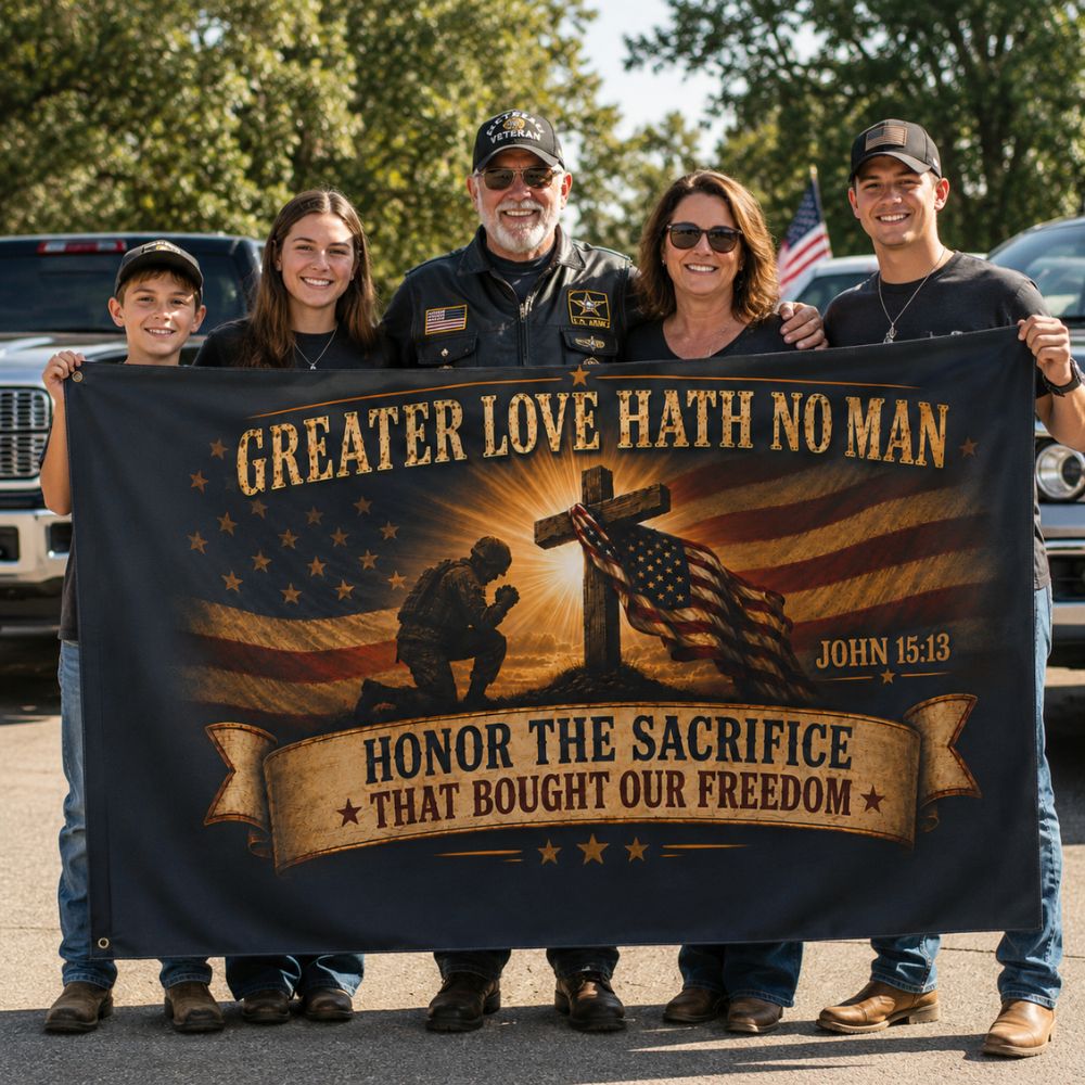 Veteran family holding Christian patriotic John 15:13 flag honoring sacrifice and freedom