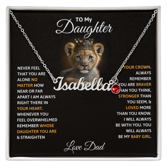 Lion themed daughter necklace message card black background
