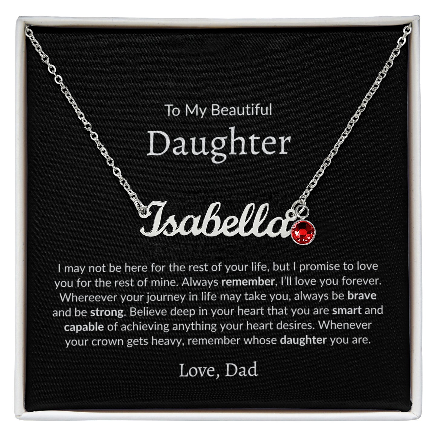 personalized name necklace with birthstone for daughter from dad in gift box