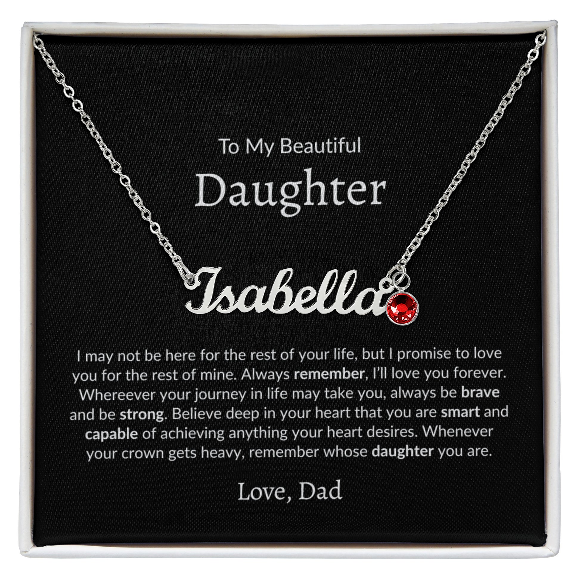 personalized name necklace with birthstone for daughter from dad in gift box