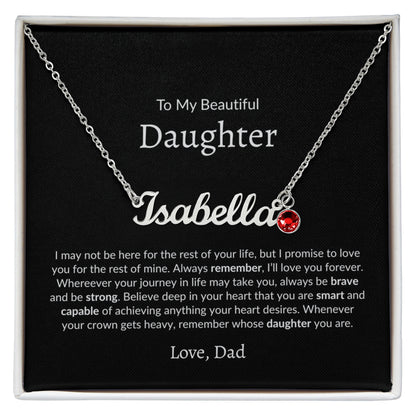 personalized name necklace with birthstone for daughter from dad in gift box