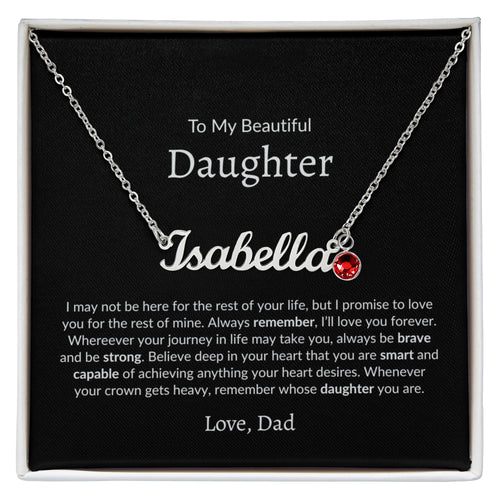 personalized name necklace with birthstone for daughter from dad in gift box