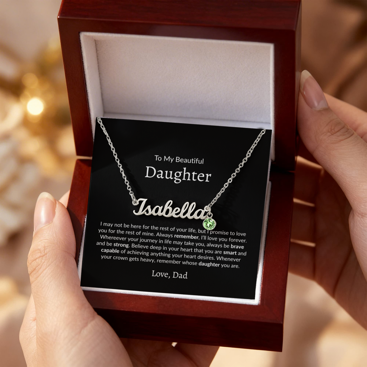 silver personalized necklace for daughter with emotional message card