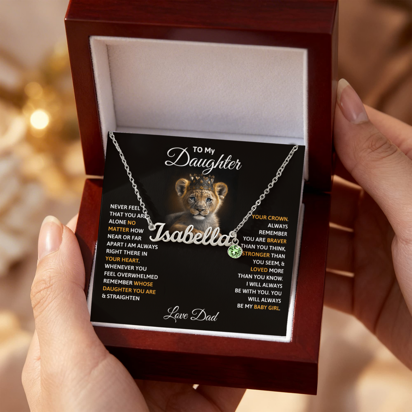 Lion themed daughter necklace message card black background