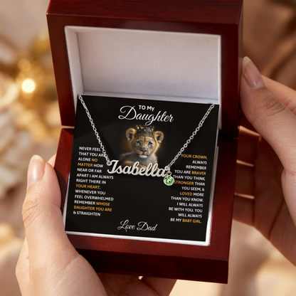 Lion themed daughter necklace message card black background