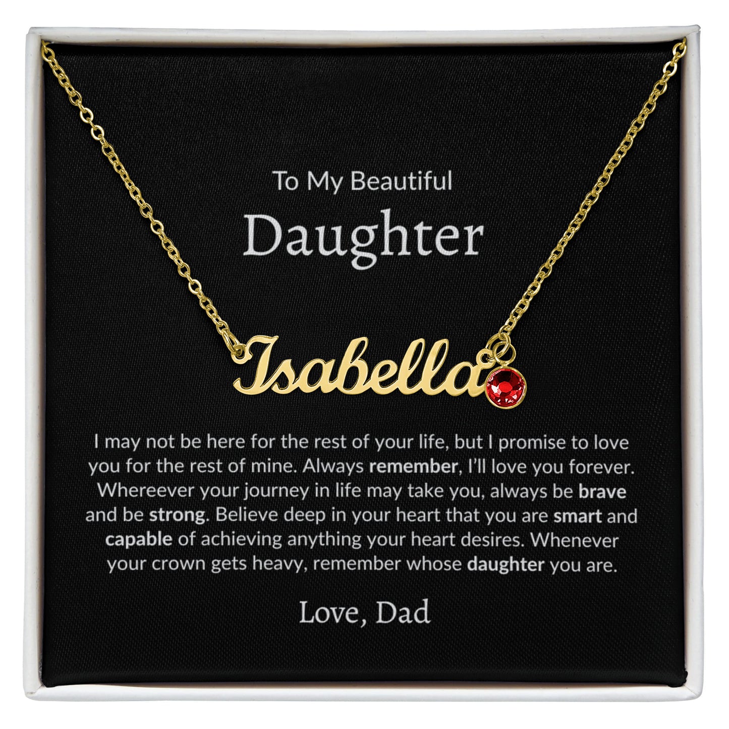 gold name necklace with birthstone worn by woman close-up elegant jewelry