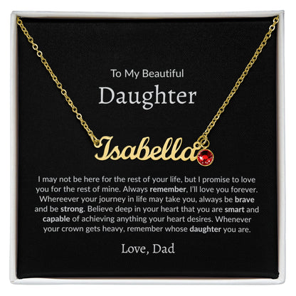 gold name necklace with birthstone worn by woman close-up elegant jewelry