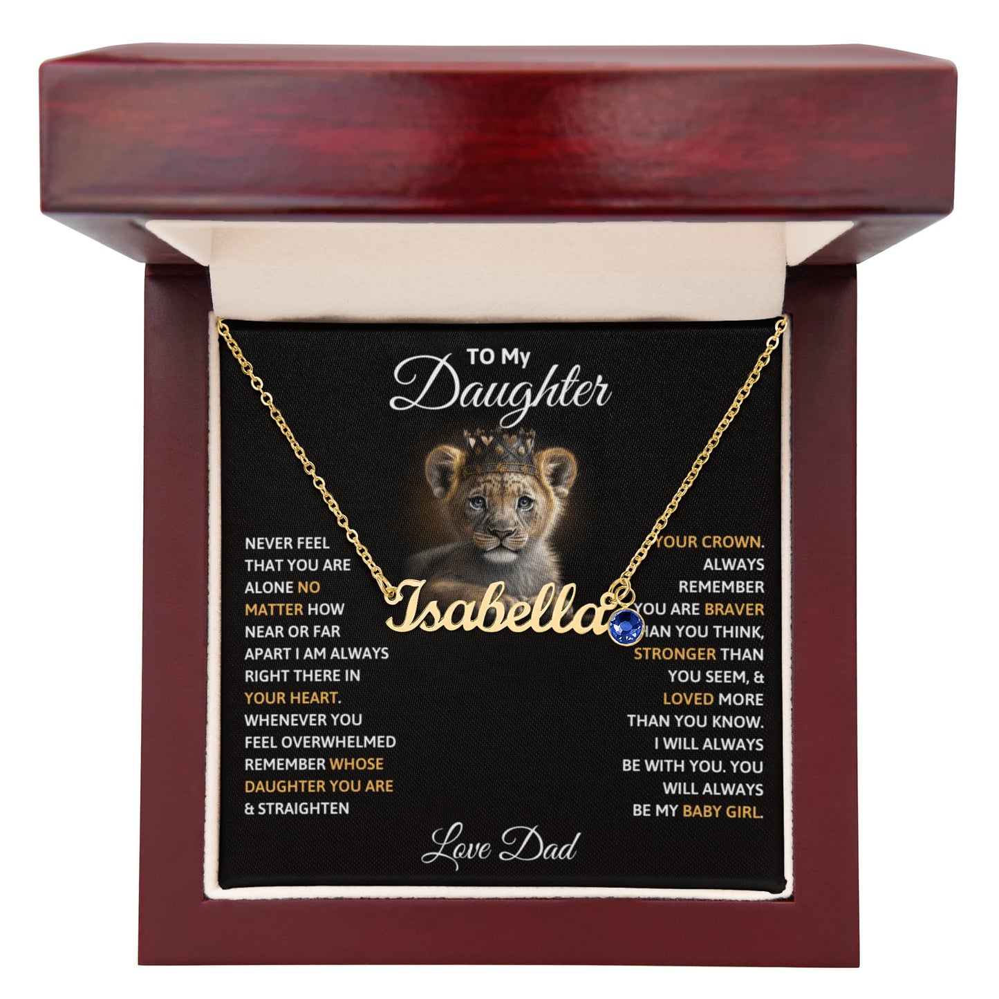 Lion themed daughter necklace message card black background
