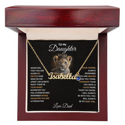 Lion themed daughter necklace message card black background