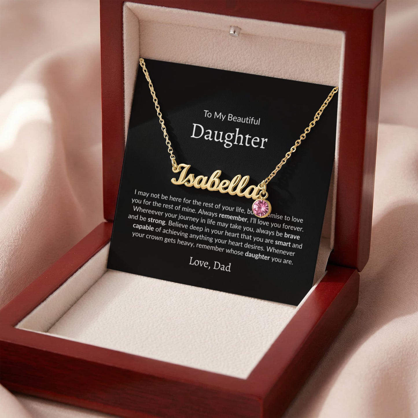 close up personalized necklace Isabella with birthstone charm