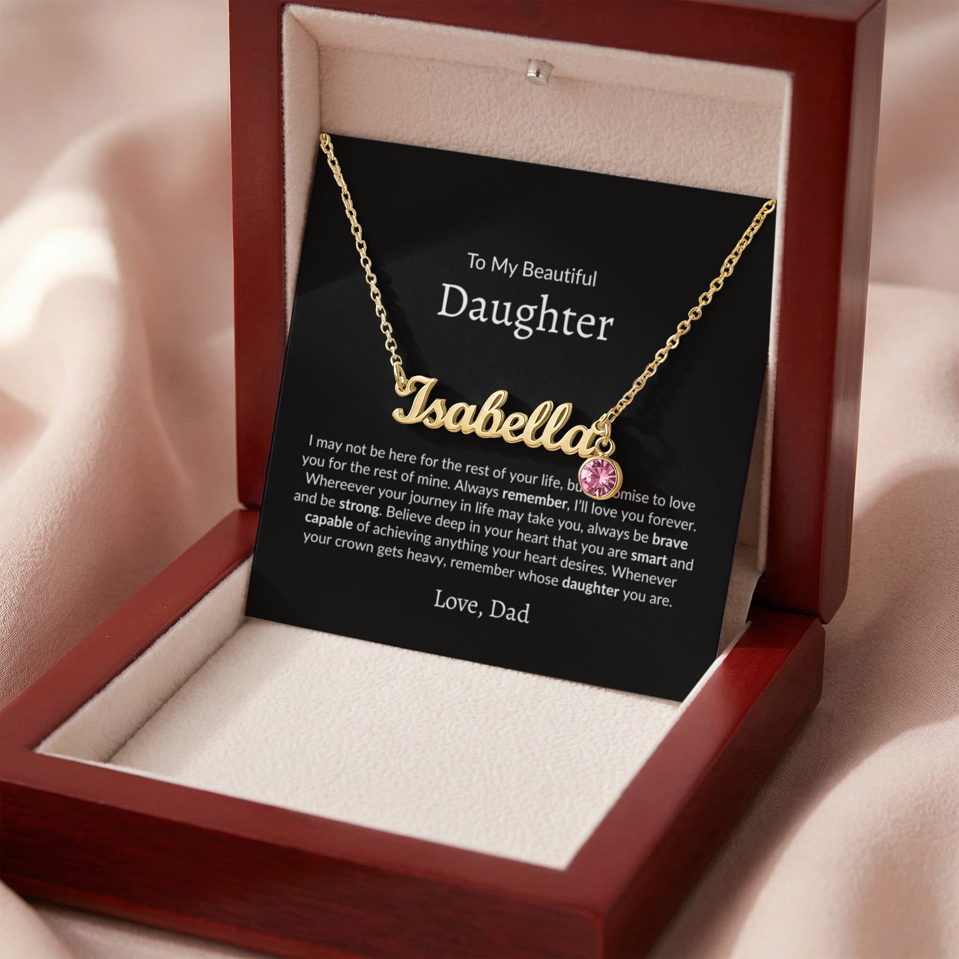 close up personalized necklace Isabella with birthstone charm