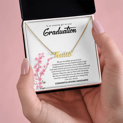 Graduation Name Necklace - Pink Flowers