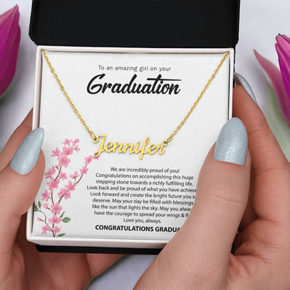 Graduation Name Necklace - Pink Flowers