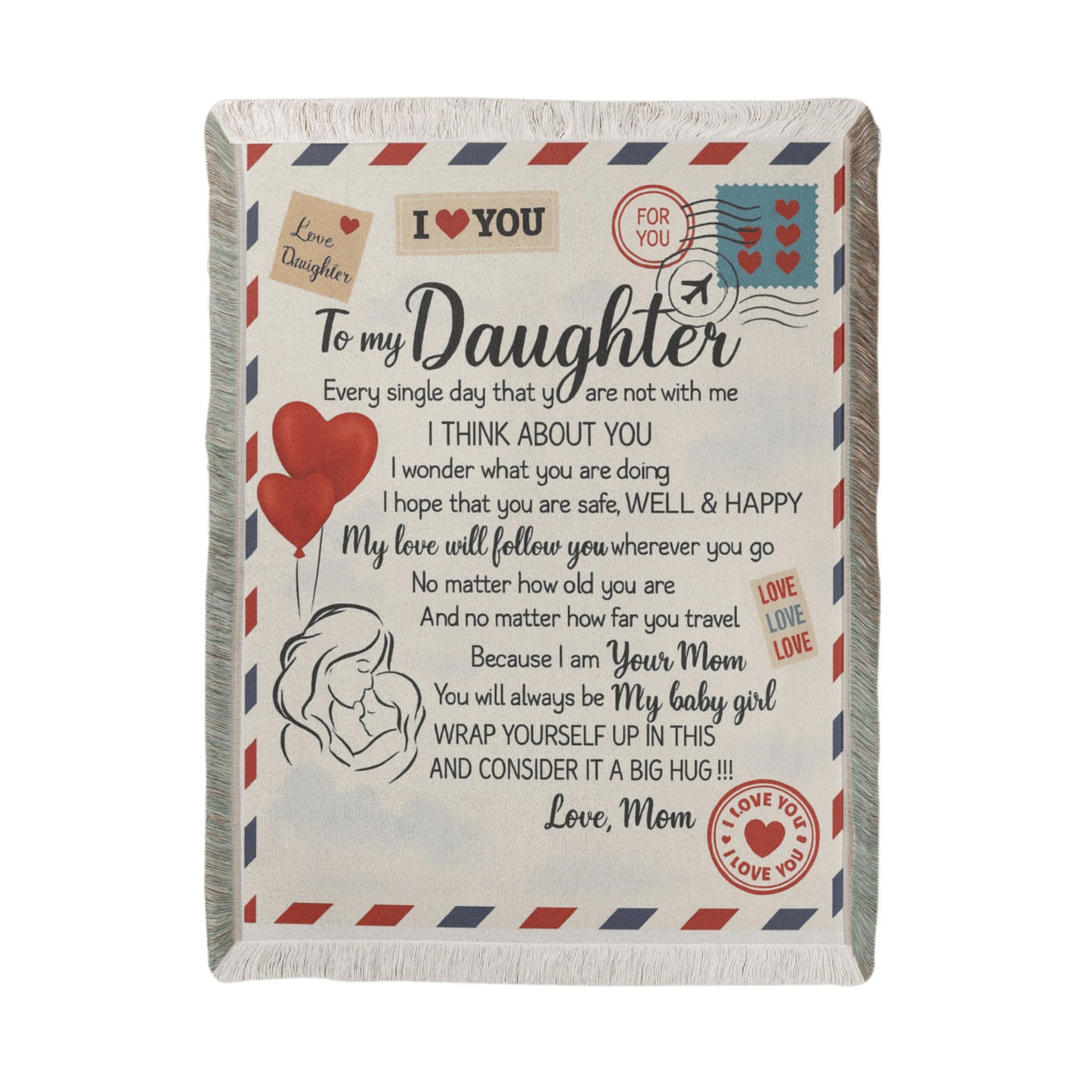 To My Daughter “Airmail Love” Printed Woven Blanket – 46 × 56 in Keepsake Gift