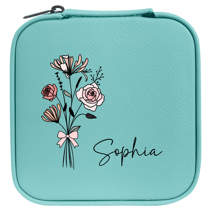 ✨ Personalized Birth Flower Travel Jewelry Box – Custom Name Gift