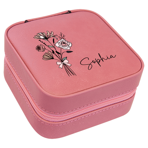 ✨ Personalized Birth Flower Travel Jewelry Box – Custom Name Gift